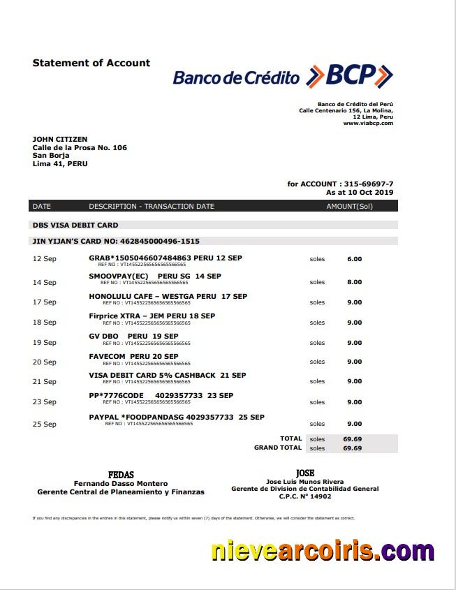 Peru Banco de Credito del Peru (BCP) bank statement